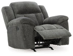 Graphite fabric rocker recliner chair reclined with open leg support