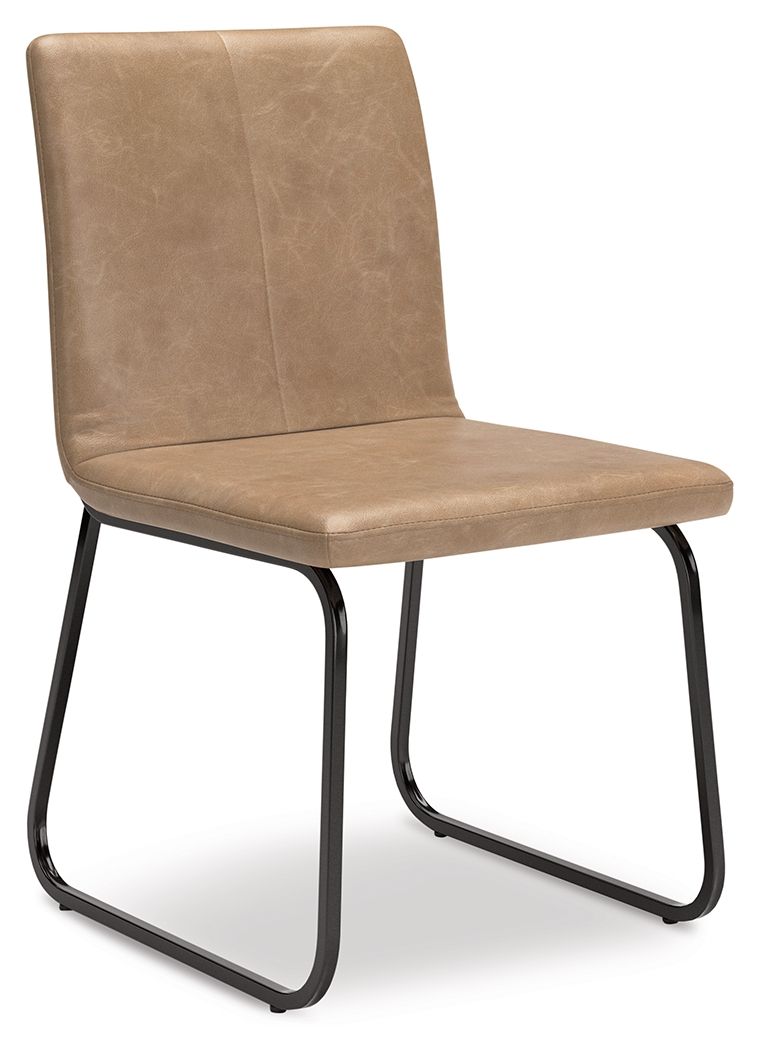 Dining side chair with toast-beige upholstered seat and back, black metal sled base