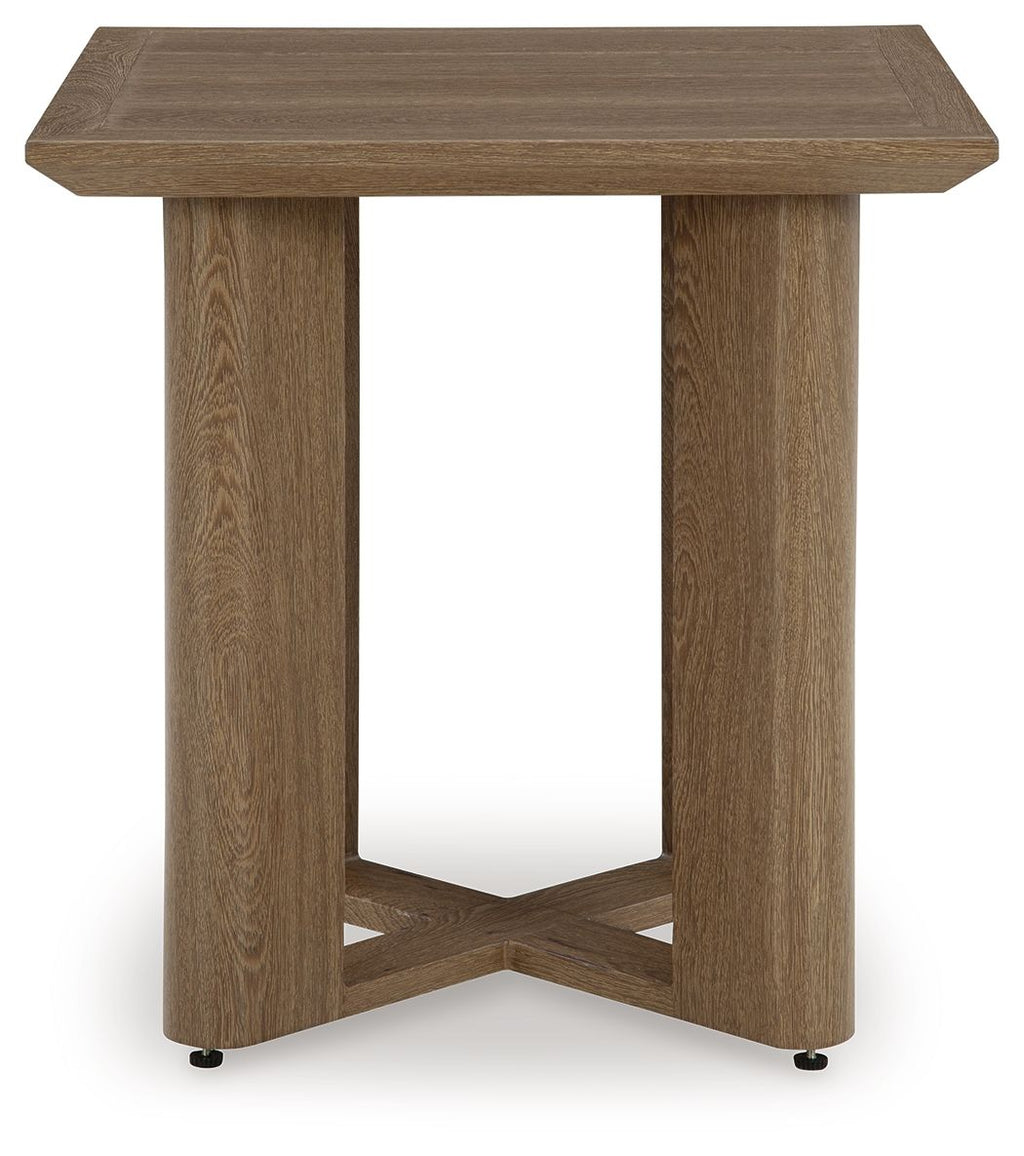 Square end table with dark wood top, open center frame, and angled legs with glides