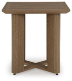 Square end table with dark wood top, open center frame, and angled legs with glides