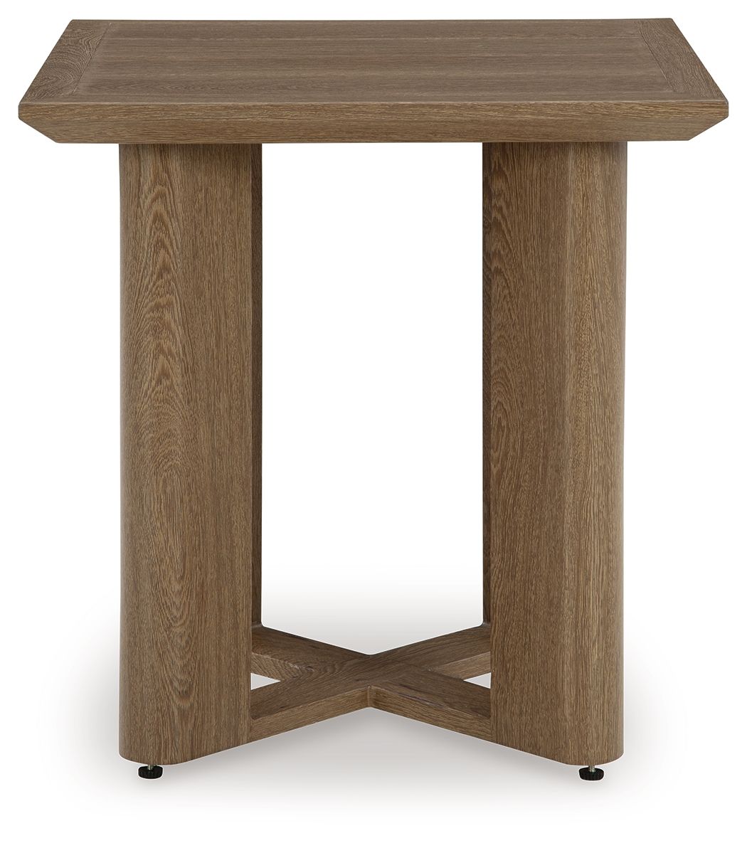 Square end table with dark wood top, open center frame, and angled legs with glides