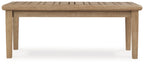 Rectangular cocktail table with beige wood top and straight four-leg base.