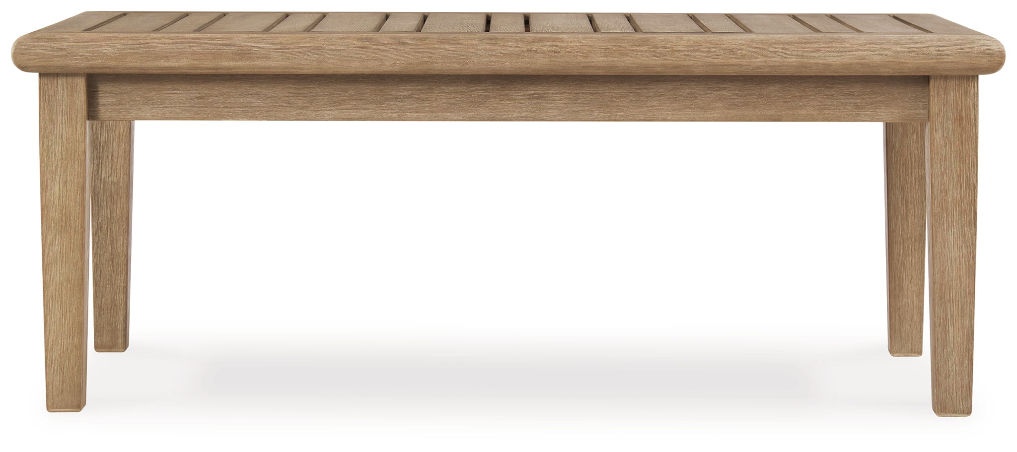 Rectangular cocktail table with beige wood top and straight four-leg base.