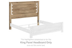 King panel headboard in tan wood with horizontal slat design and side posts