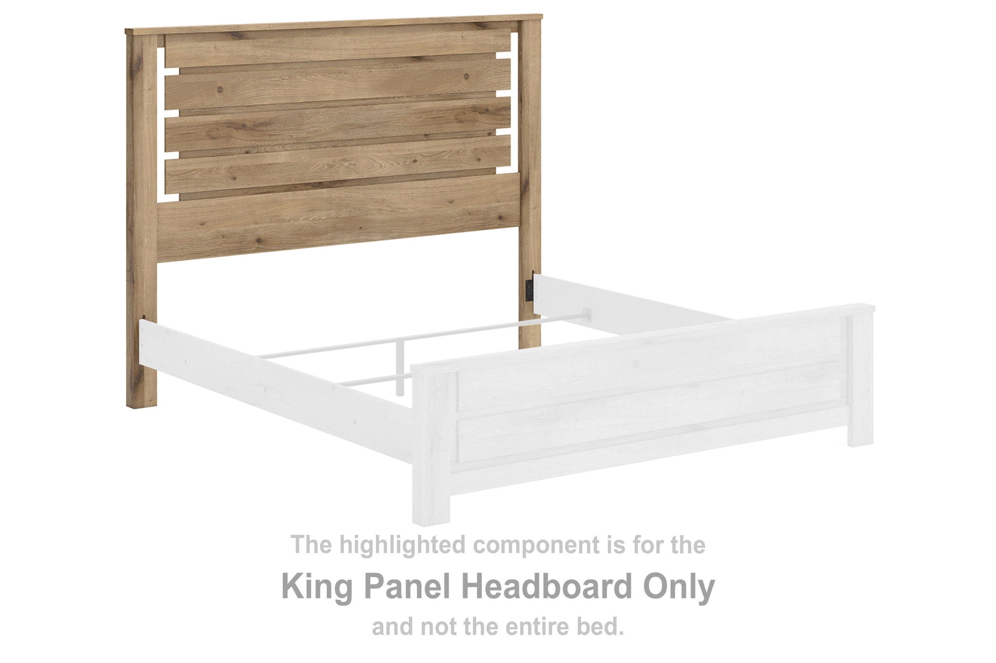 King panel headboard in tan wood with horizontal slat design and side posts