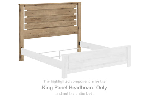 King panel headboard in tan wood with horizontal slat design and side posts