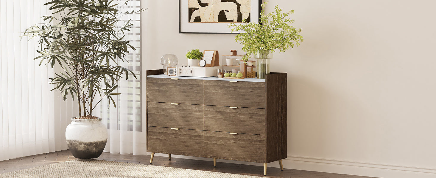 55" 6-Drawer Dresser Marbling Top Walnut