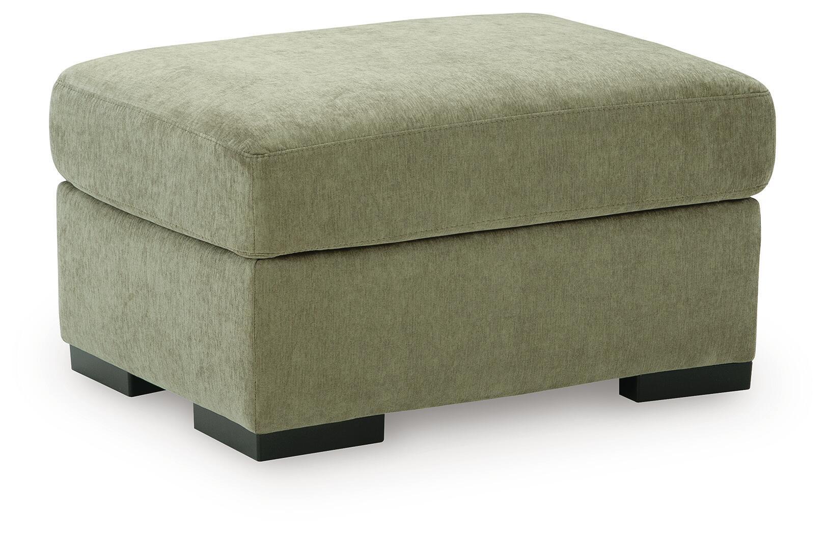 Green upholstered ottoman with square top and black legs