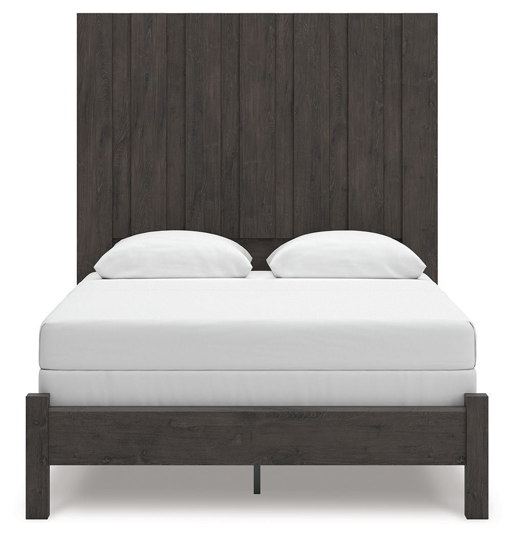 Fraluna dark gray panel bed with white mattress and two pillows, front view