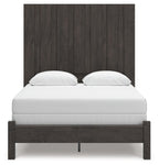 Fraluna dark gray panel bed with white mattress and two pillows, front view