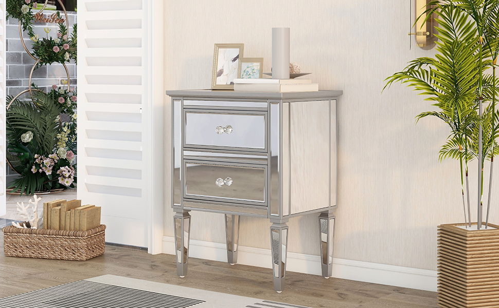 Elegant Mirrored Side Table With 2 Drawers, Modern Silver Finished For Living Room, Hallway
