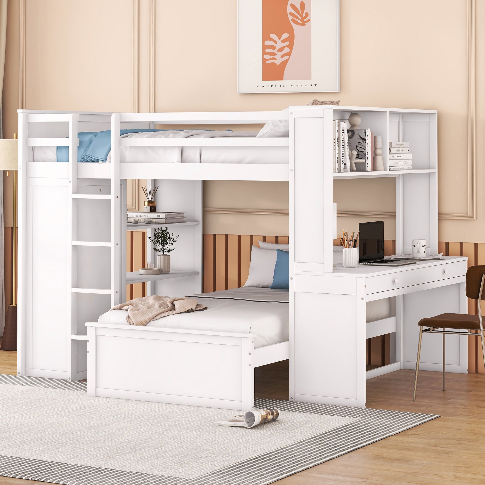 Full Loft Bed, Twin Standalone, Desk, Wardrobe, Shelves, White