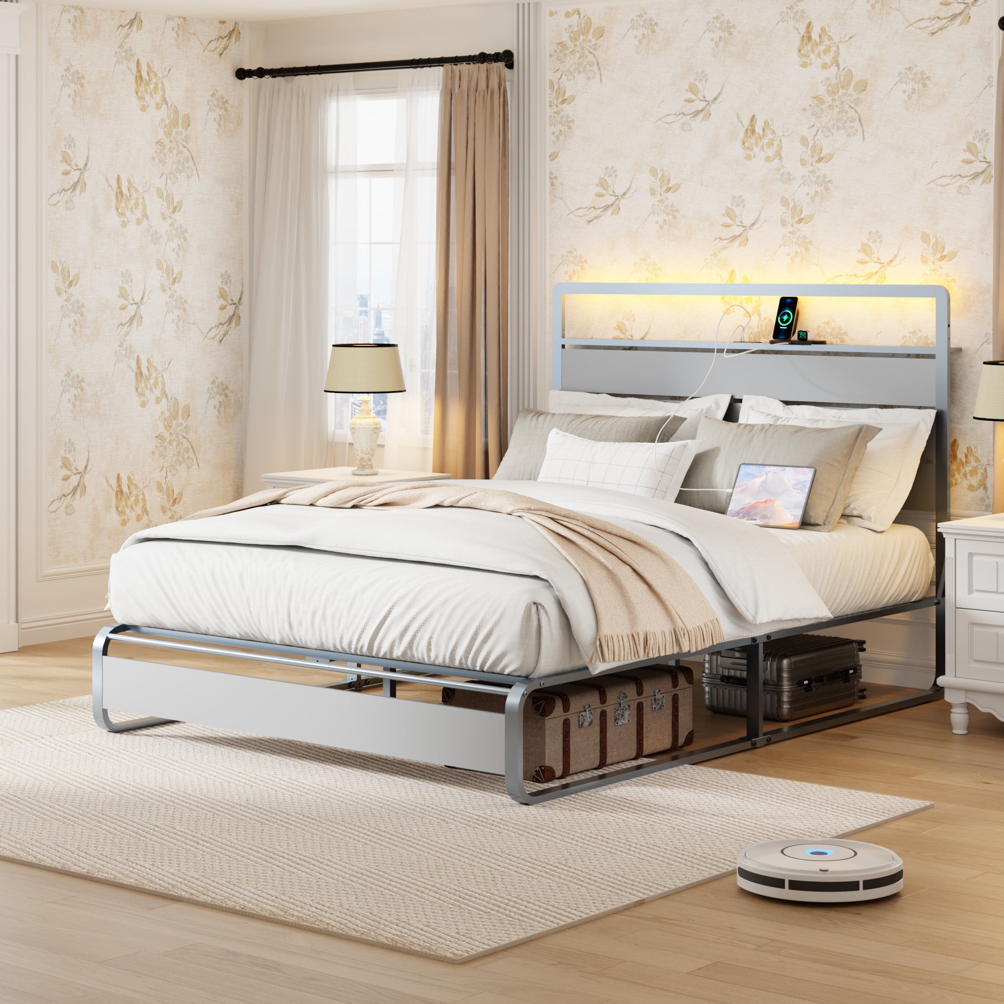 Queen Size Metal Platform Bed Frame w/Headboard, LED, Charge, Heavy Duty