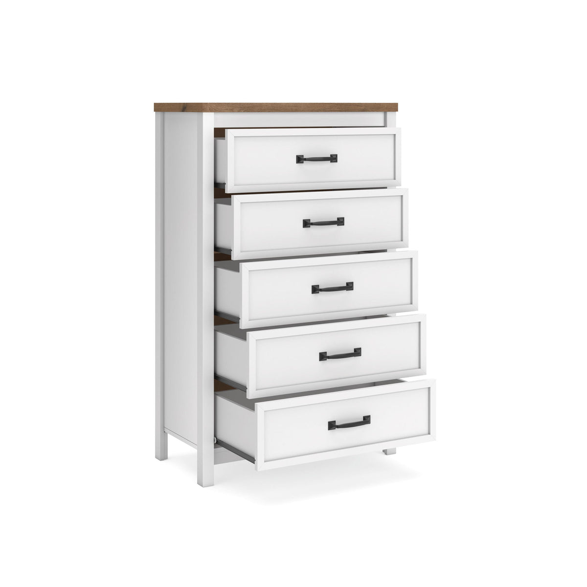 White five-drawer chest with brown top, side panel, and black bar handles
