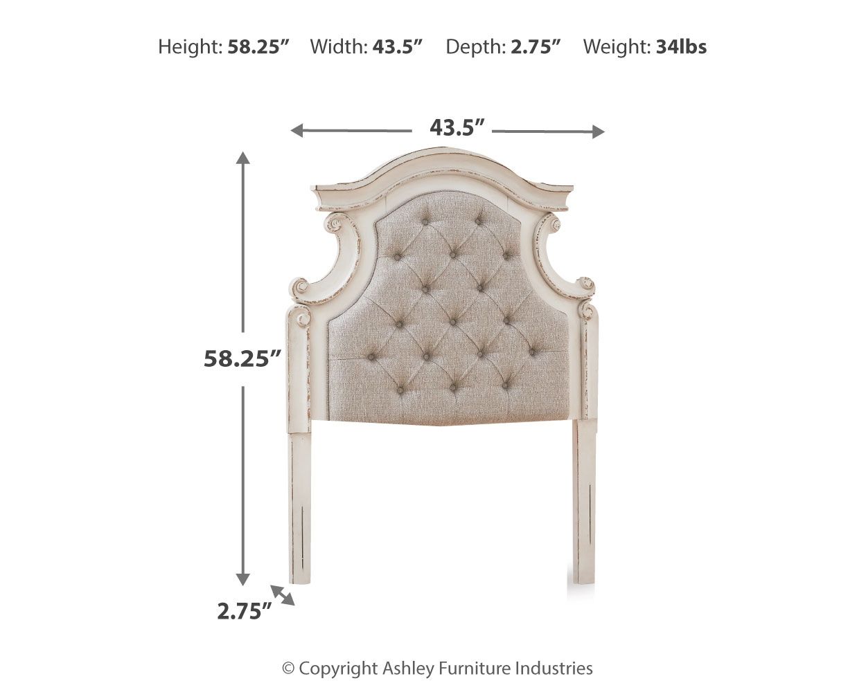 Twin headboard front view with beige button-tufted upholstery and chipped white frame