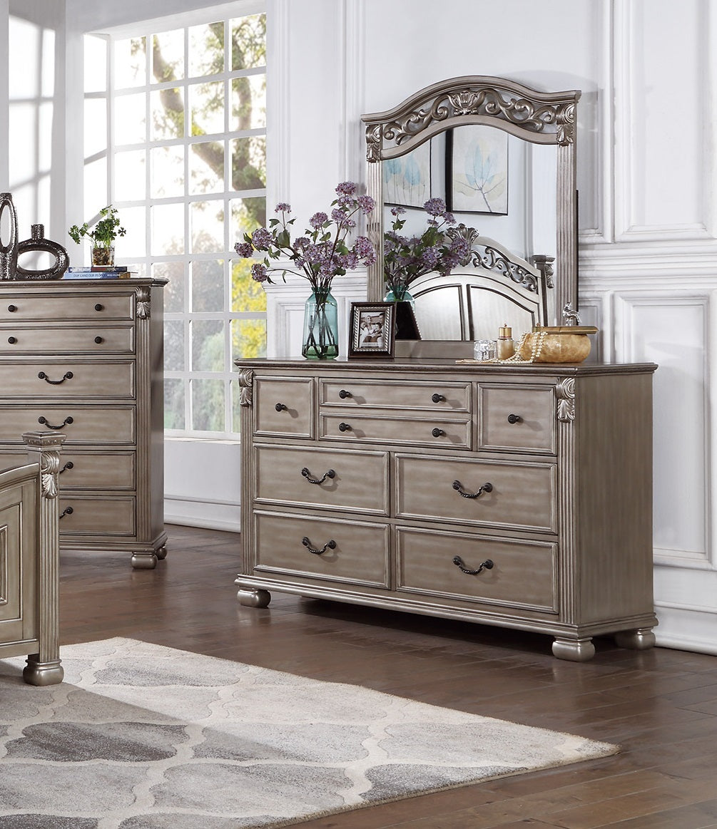 Antique Silver Wooden Dresser & Mirror for Formal Bedroom
