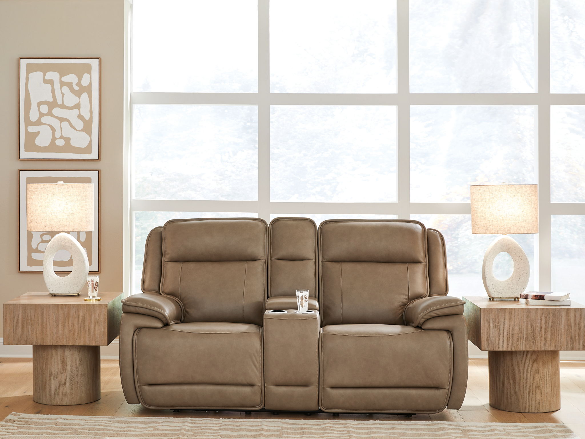 Power reclining loveseat with console and adjustable headrests, brown upholstery, split seats