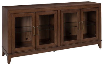 Medium brown accent cabinet with four doors, two glass panels, and metal handles