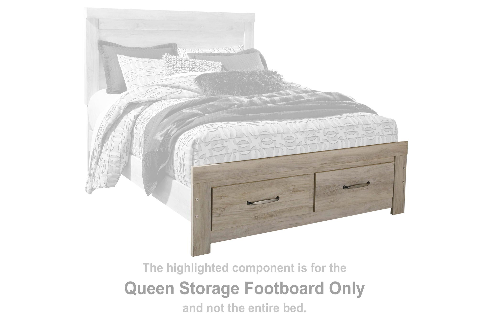 Queen storage footboard with two drawers, light whitewashed wood finish.