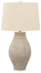 Layal paper table lamp with beige drum shade and textured ribbed vase base