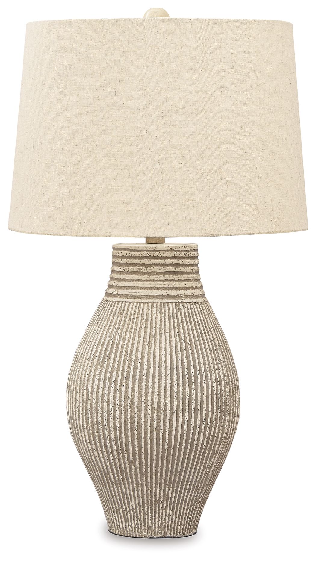 Layal paper table lamp with beige drum shade and textured ribbed vase base