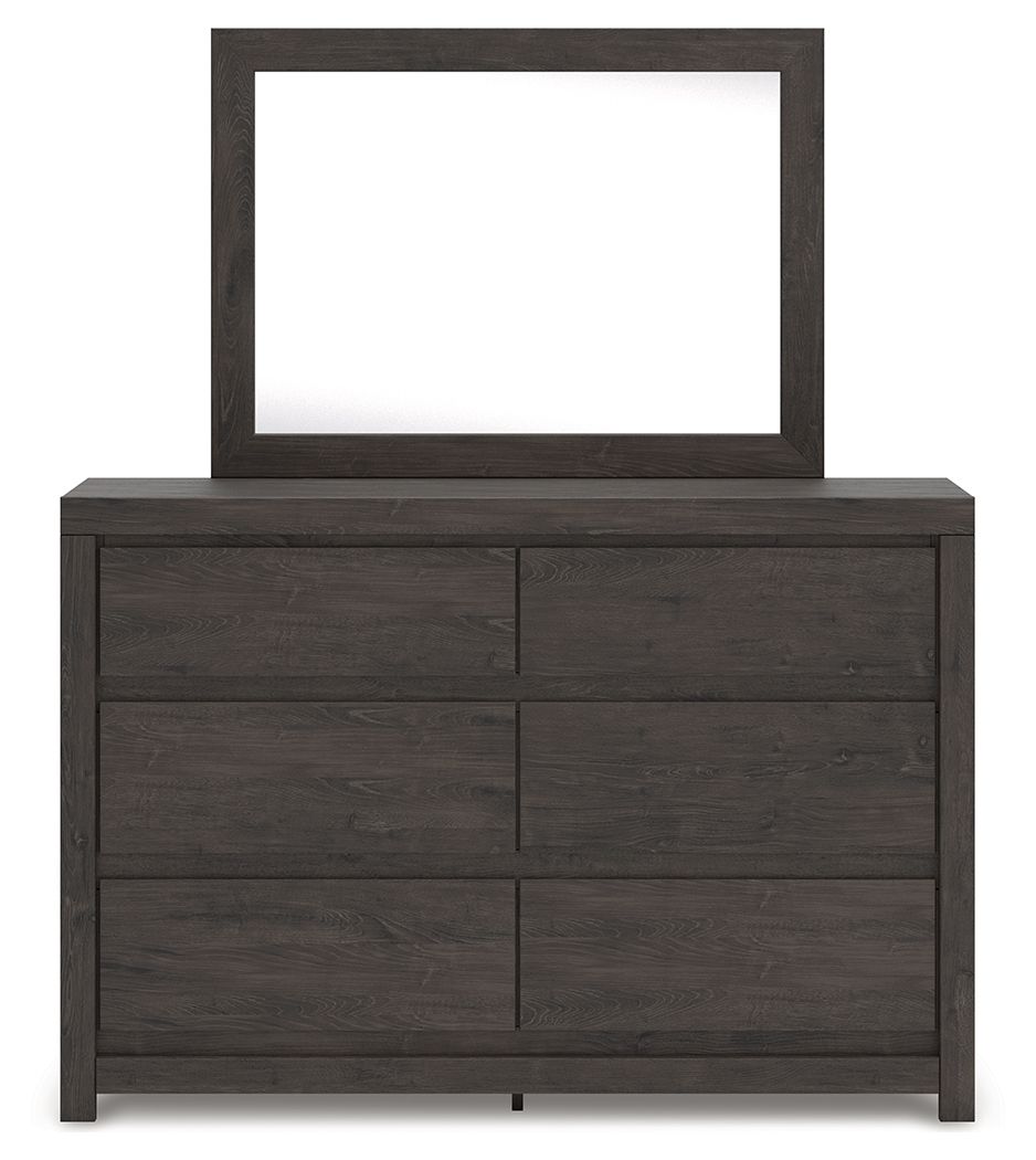 Charcoal dresser with square mirror; six drawer fronts in dark wood finish