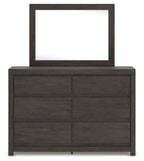 Charcoal dresser with square mirror; six drawer fronts in dark wood finish