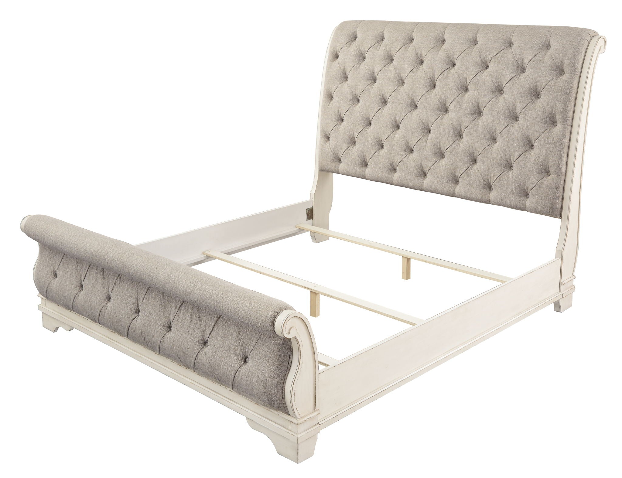 Gray upholstered sleigh bed frame with tufted headboard and curved side rails