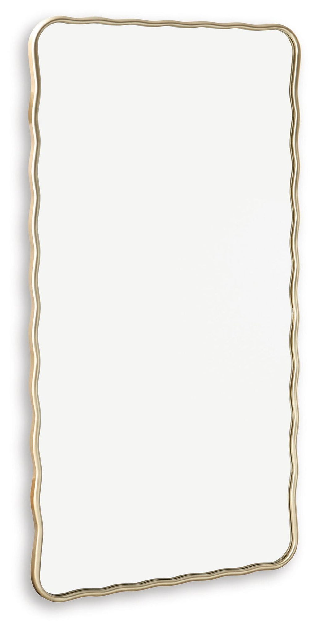 Gold vertical accent mirror with wavy border and rounded rectangular frame