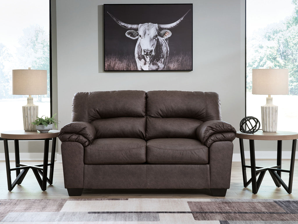 WillowBend loveseat in dark brown with padded arms and two seat cushions