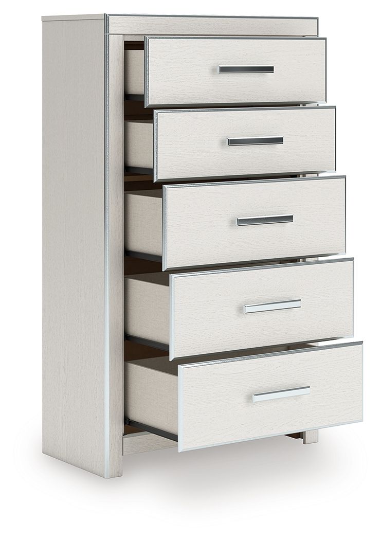 White five-drawer chest with drawers pulled open and silver bar handles