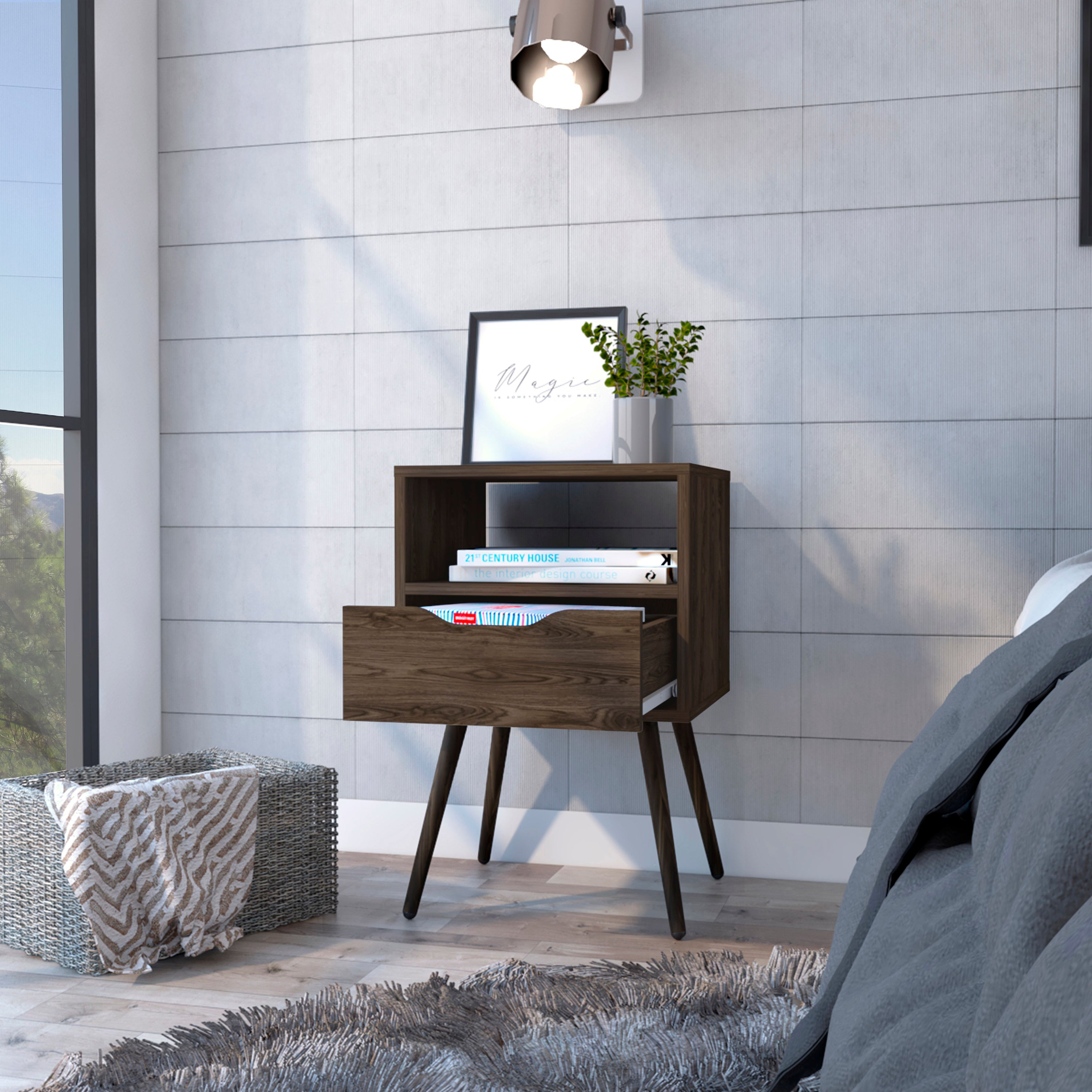 Otom Nightstand w/ Drawer & Shelf - Dark Walnut