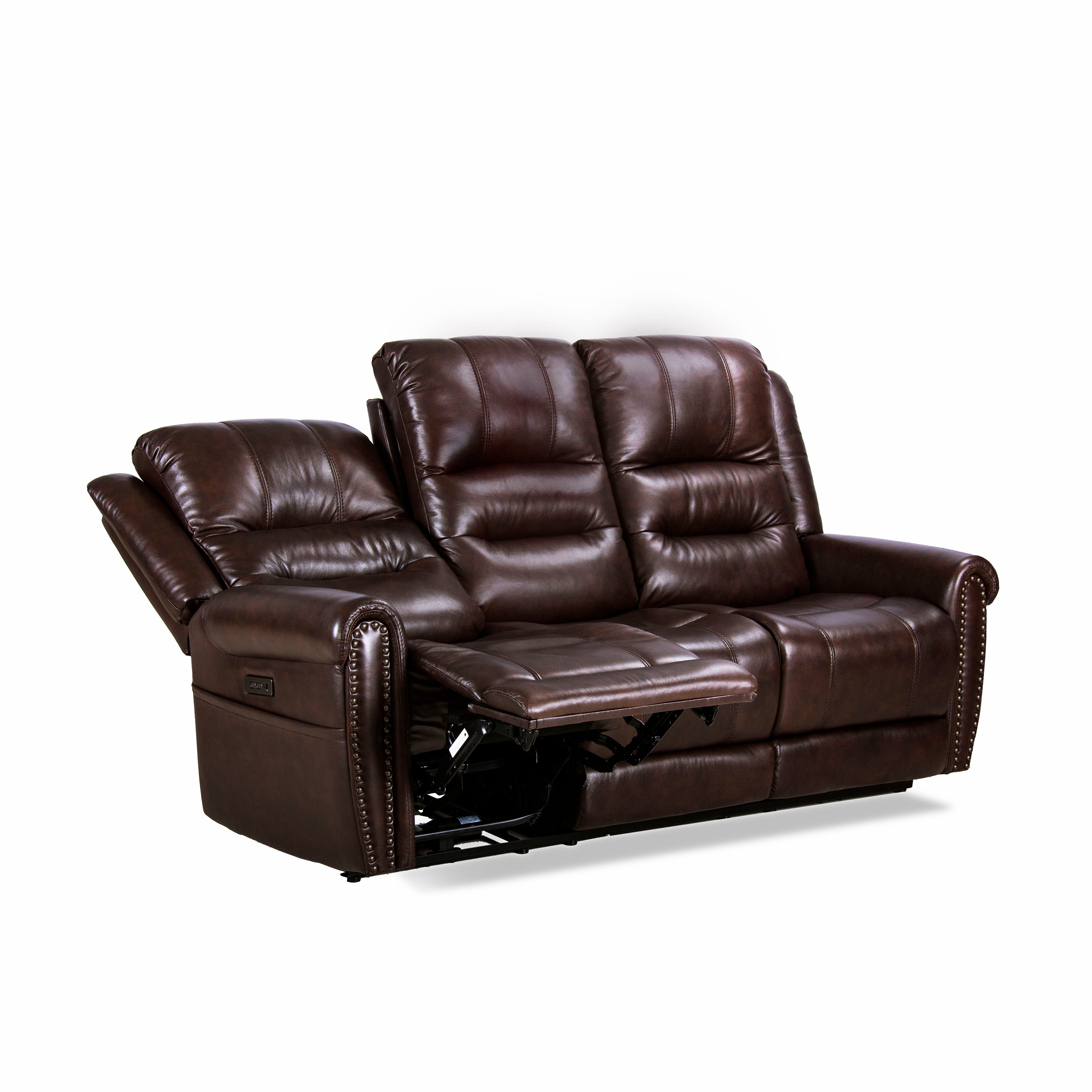Espoo Genuine Top Grain Leather Nailhead Dropdown Table And Adjustable Headrest Power Reclining Sofa In Brown