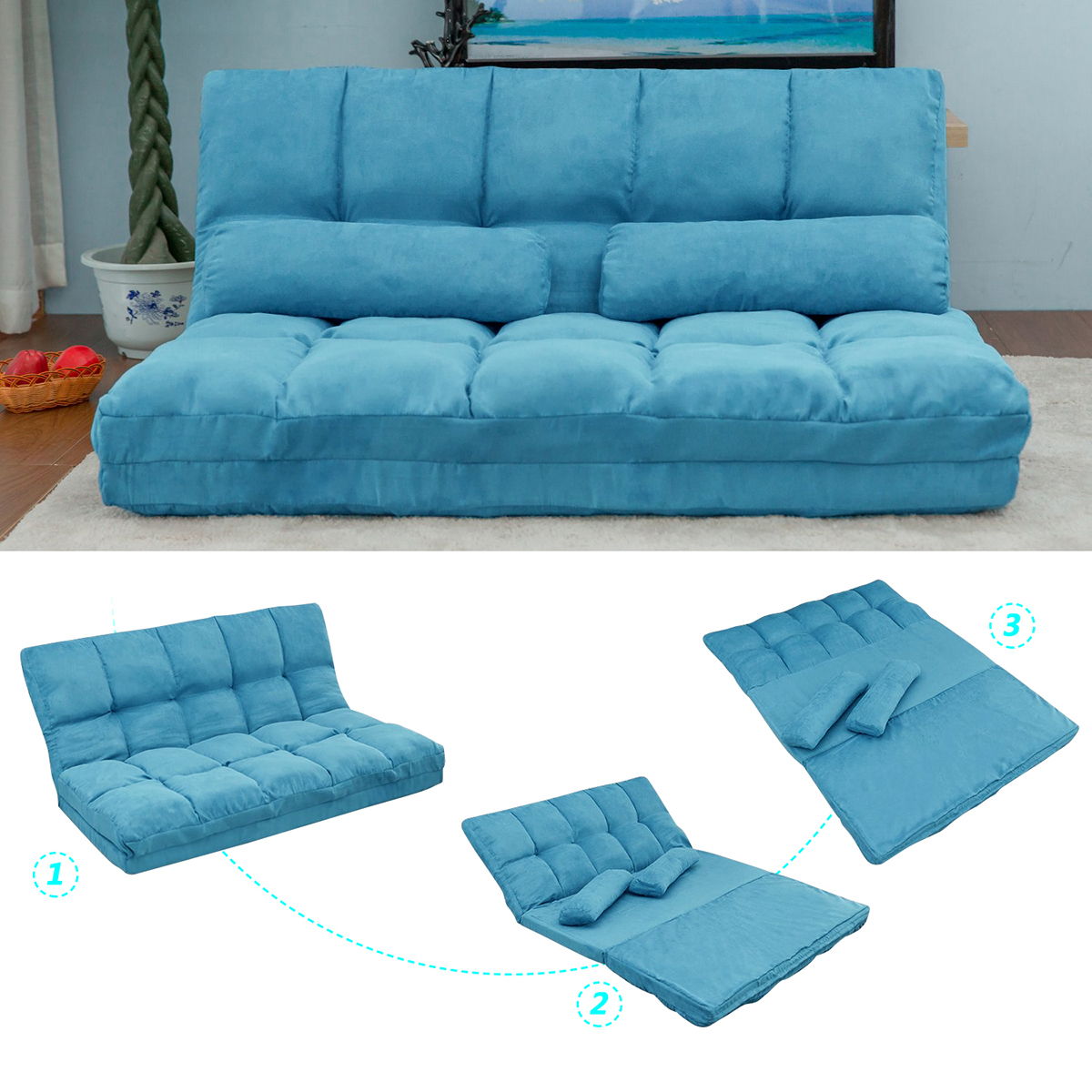 Double Chaise Lounge Sofa Floor Couch And Sofa With Two Pillows - Blue