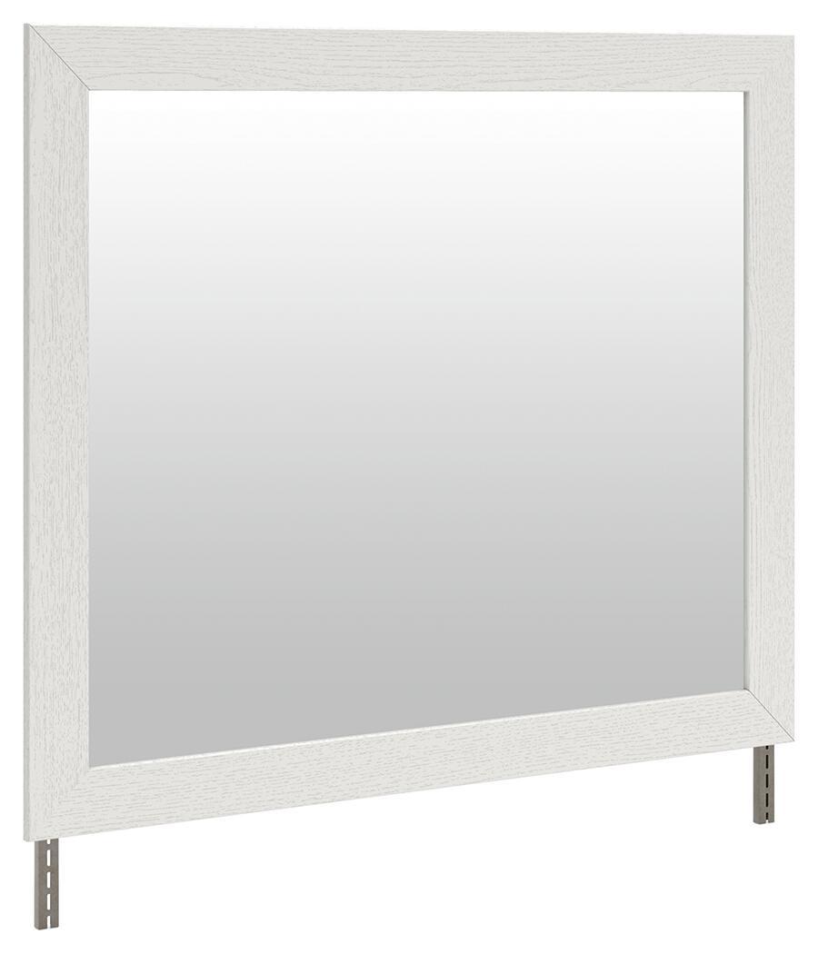 White bedroom mirror with rectangular frame and two bottom corner supports