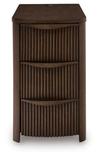 Dark brown chair side end table with vertical slat panels and three drawer compartments