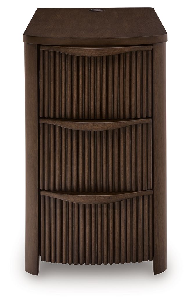 Dark brown chair side end table with vertical slat panels and three drawer compartments