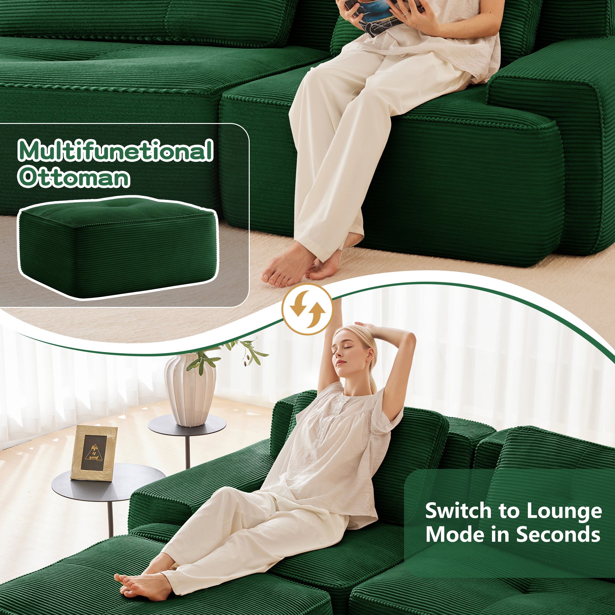 Green corduroy modular ottoman with convertible sectional lounge seating