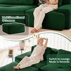 Green corduroy sectional with multi-functional ottoman, lounge mode seating