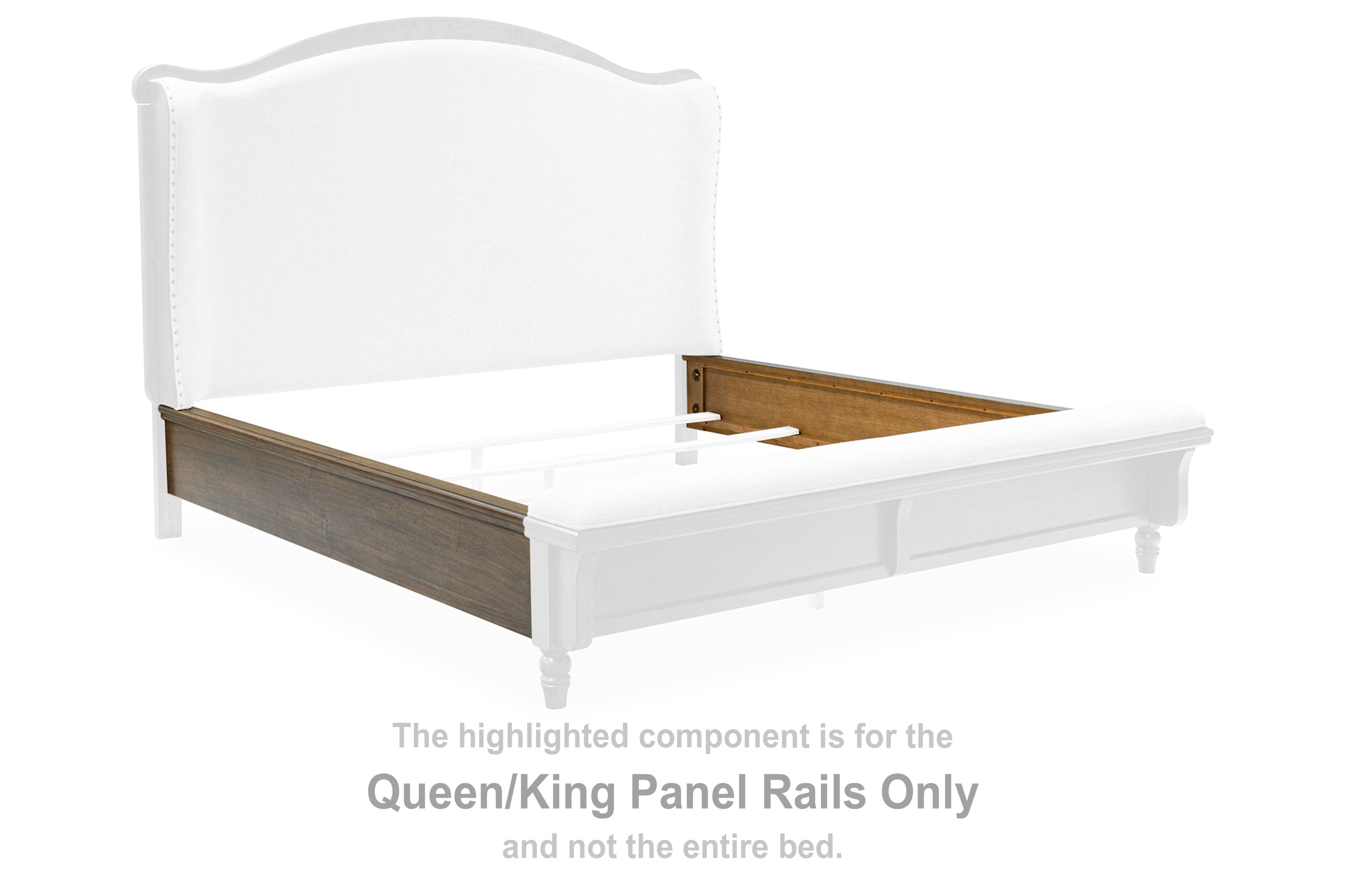 Brown wooden queen/king panel rails with top cap, for bed frame