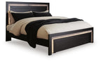 Black panel bed with dark headboard, open frame footboard, metal trim edge