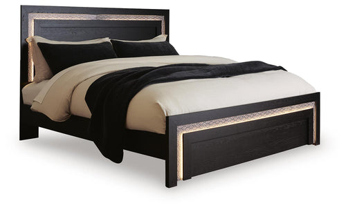 Black panel bed with dark headboard, open frame footboard, metal trim edge