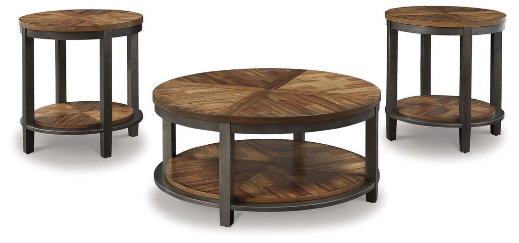 Three-piece round occasional table set with light brown wood tops and two shelves