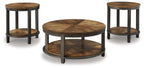 Three-piece round occasional table set with light brown wood tops and two shelves