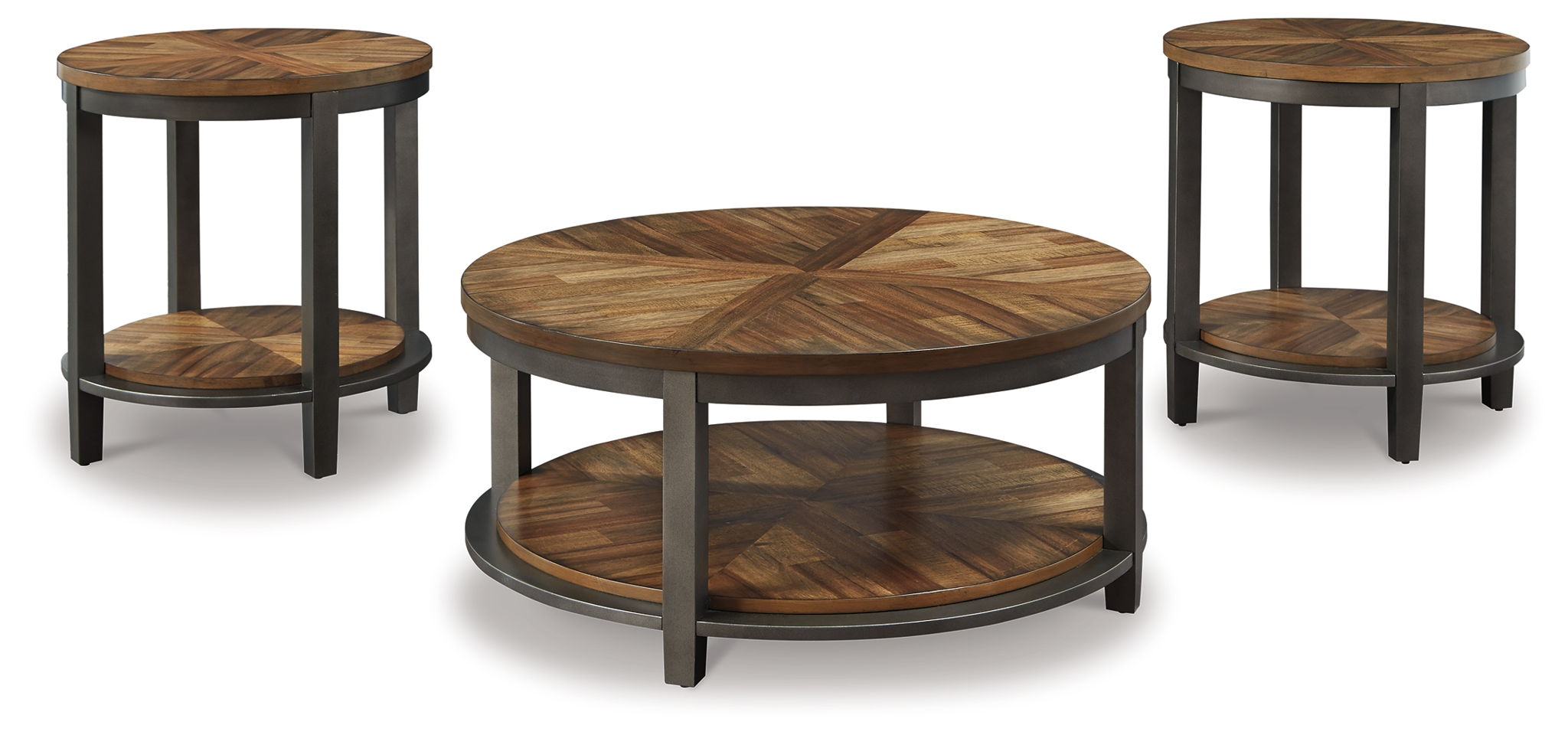 Three-piece round occasional table set with light brown wood tops and two shelves