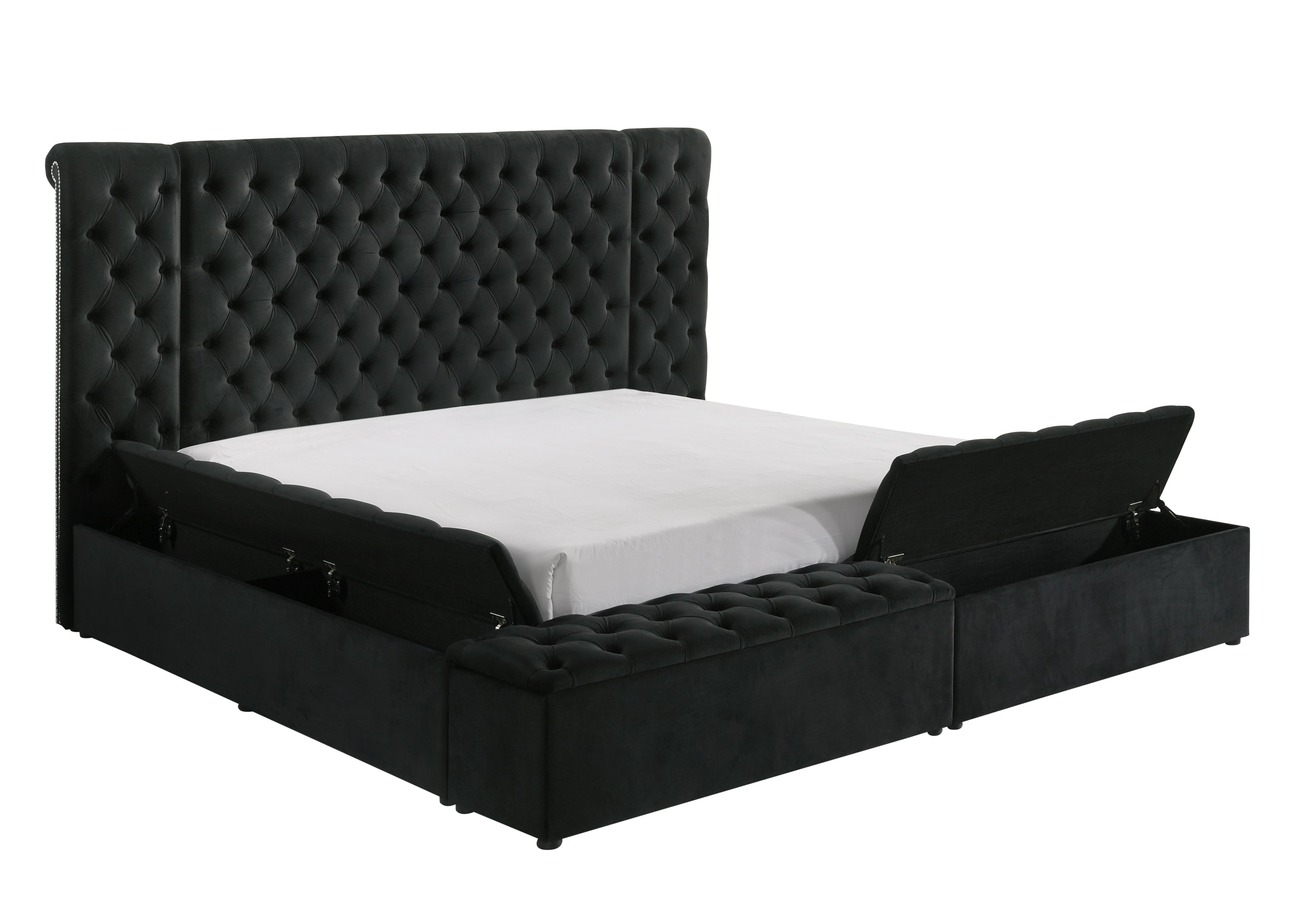 Modern Black Velvet Tufted King Bed: Headboard & Concealed Storage