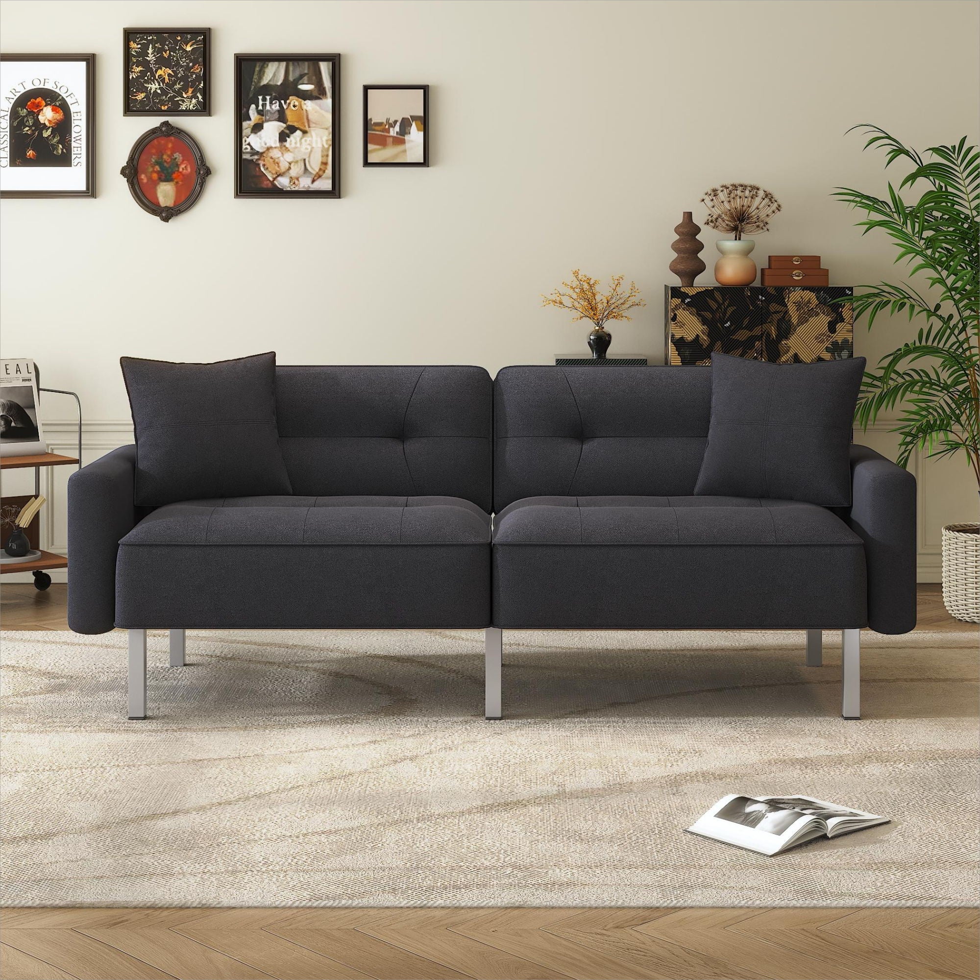 Orisfur - Linen Upholstered Modern Convertible Folding Futon Sofa Bed For Compact Living Space, Apartment, Dorm, Black