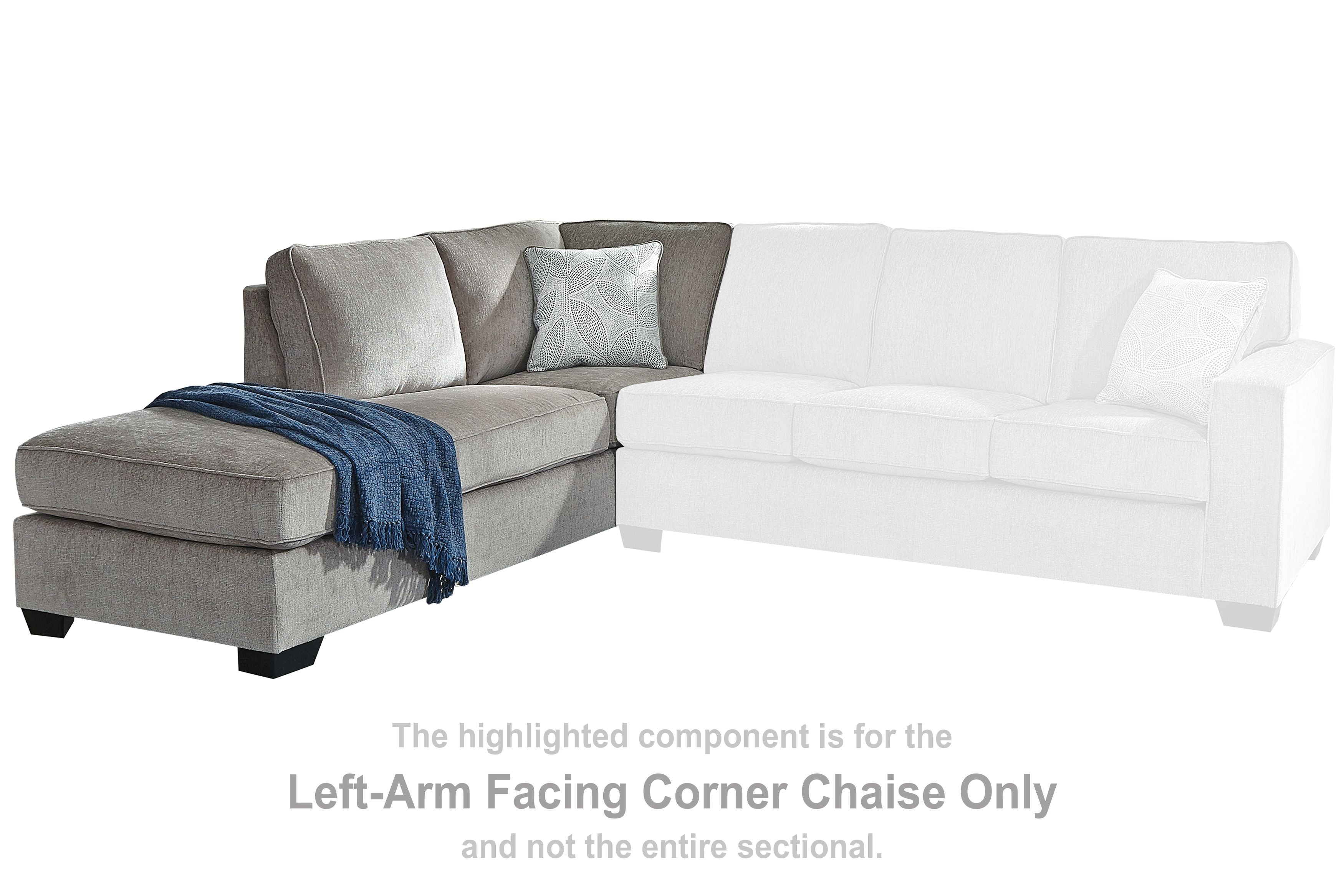 Gray left-arm facing corner chaise with back cushion, side arm, and folded throw