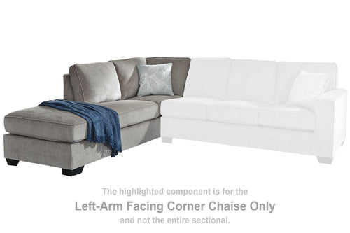 Gray left-arm facing corner chaise with back cushion, side arm, and folded throw