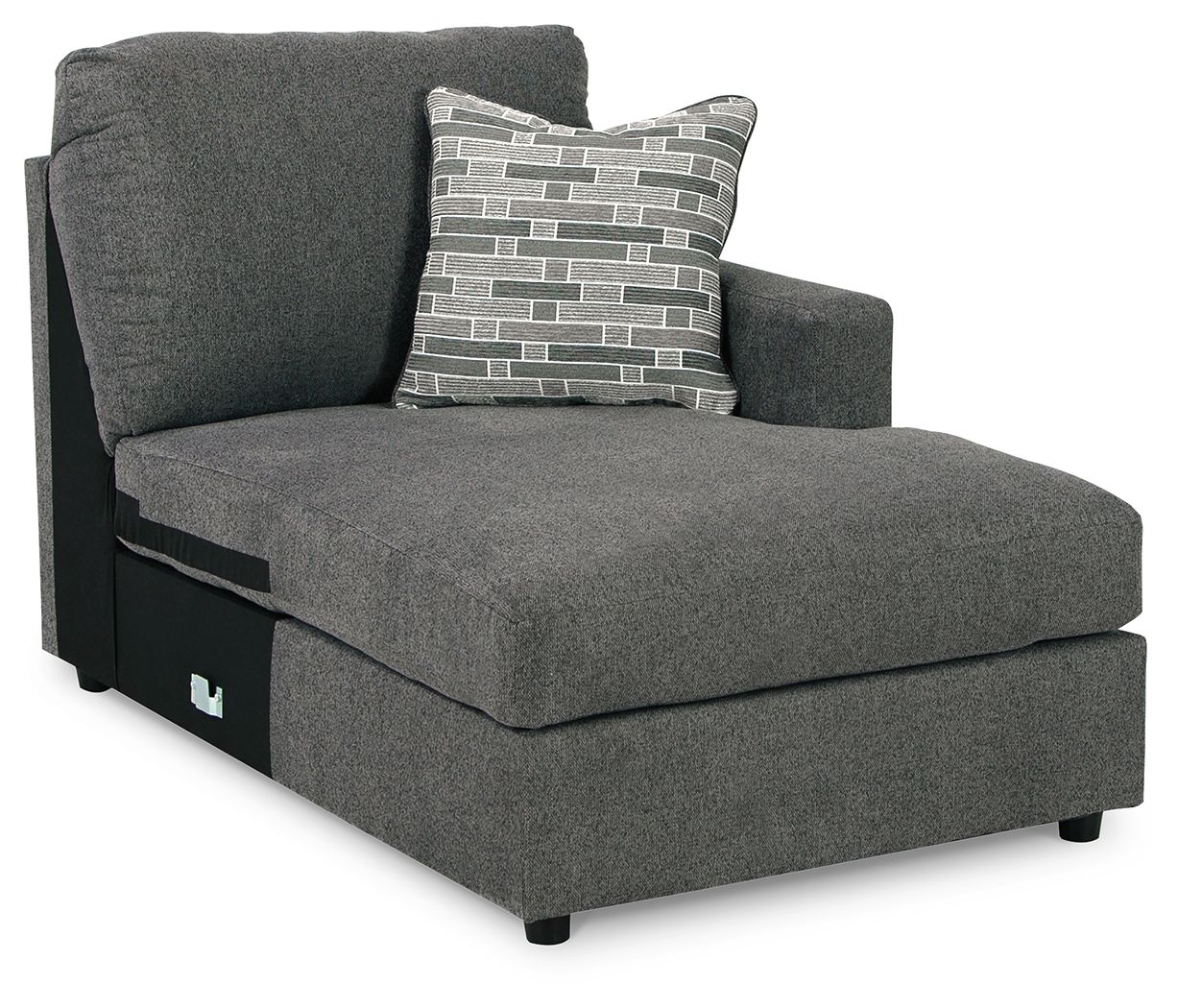 Dark gray corner chaise with square seat and patterned throw pillow